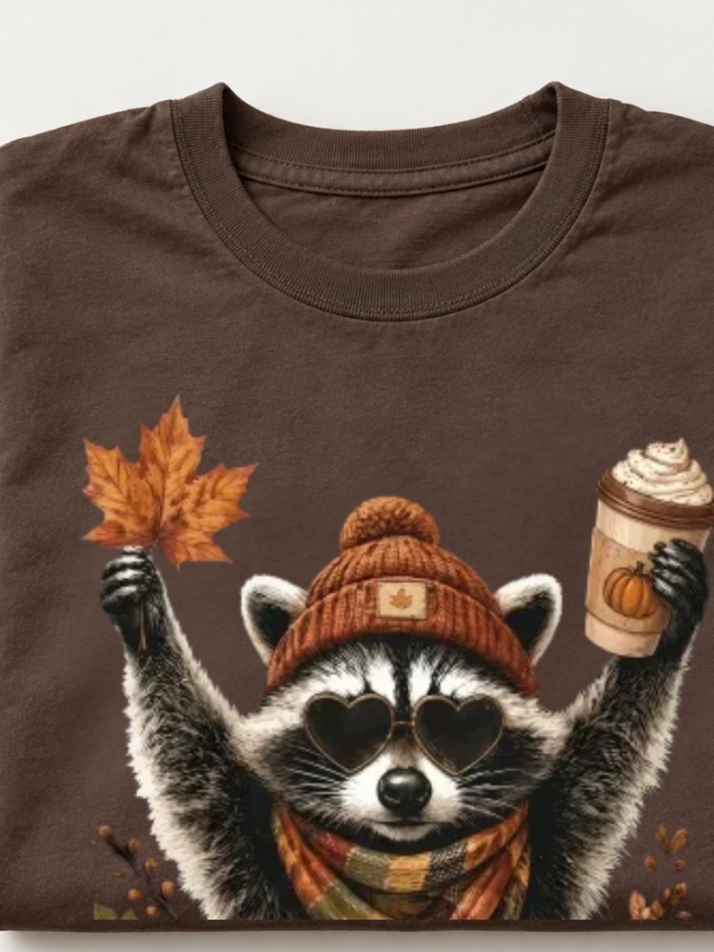 Raccoon Autumn Fall Leaves Pumpkin Coffee Tis The Season Brown T-Shirt